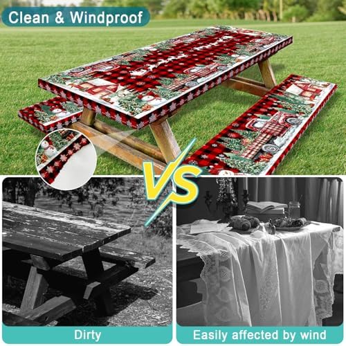 Christmas Picnic Table Cover with Bench Covers and Bag, Camping Essentials, Red Plaid Xmas Waterproof Windproof, Fitted Tablecloth Cover with Elastic Edge, for Indoor & Outdoor, 3 PCS, 30x72 Inch - Image 6