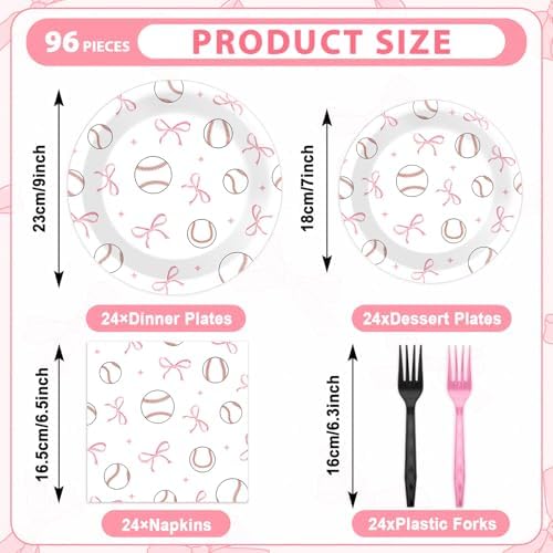 96Pcs Pink Bow Baseball Paper Plates and Napkins Pink Bow Baseball Party Supplies Sports Theme Disposable Tableware Dinnerware Set for 24 Guests Team Game Day Sport Birthday Baby Shower Decorations - Image 2