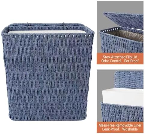 Coeusy 3 Gallon Paper Rope Bathroom Trash Can,Small Wicker Trash Cans with Lid and Liner,Woven Rattan Narrow Waste Basket for Bedroom,Office,Blue - Image 6