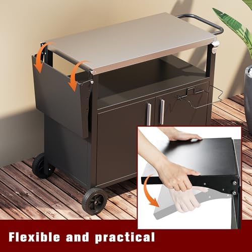 Vongrasig Outdoor Grill Cart, Patio Kitchen Island with Storage, Outdoor Bar Table BBQ Cart Pizza Oven Table with Foldable Stainless Steel Top & Wheels, Black - Image 5