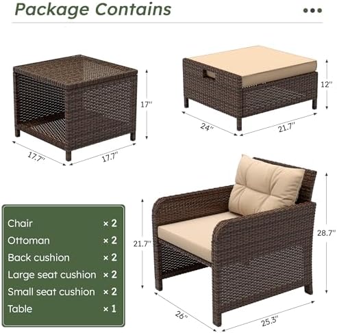 LHBcraft 5 Piece Patio Furniture Set, PE Wicker Outdoor Furniture Set with Soft Cushions & Coffee Table, Outdoor Lounge Chairs with Ottoman for Porch, Lawn, Balcony, Coffee-Beige - Image 6