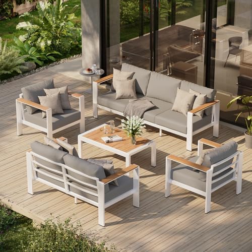 Aluminum Outdoor Patio Furniture Set with Coffee Table, 5 Piece Patio Conversation Sets with Washable Thick Cushions, Patio Sectional Furniture Set for Porch, Balcony, Deck, White by Oasbira