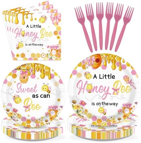96Pcs Pink Bow Bee Baby Shower Party Decorations for Girls Serves 24 by Greencian