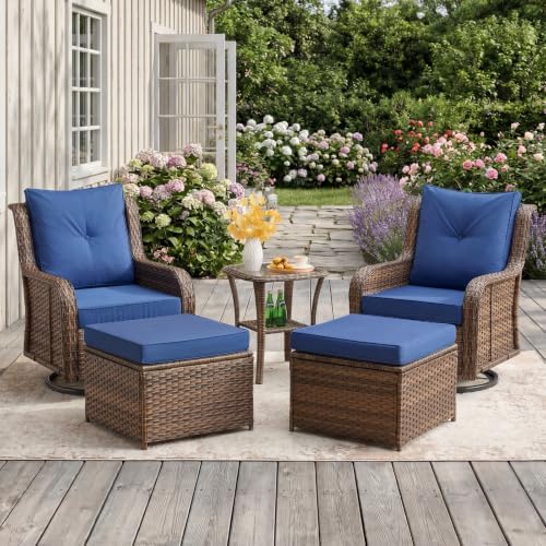Wumiokio Patio Furniture Sets, Wicker Outdoor Furniture - 360 Degree Swivel Rocking Chairs and Rattan Side Table for Garden,Porch,Backyard (Brown Wicker/Blue Cushion, 5PCS - Swivel Chairs & Ottoman) by Wumiokio