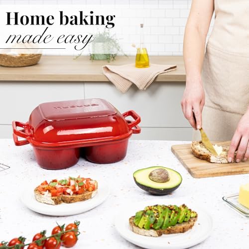 QuadPro Enamelled Cast Iron Bread Loaf Pot – Dutch Oven for Sourdough Bread Baking – 500°F Oven Safe Non Stick Bread Pot – 4 Round Loaf Spaces (4.90-inch Diameter), Red – by Nuovva - Image 6