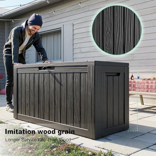 ROJIK Outdoor Storage Housing Deck Box - Waterproof Patio Furniture, Garden Tools, Cushions, Pool Accessories Storage Bench with Lockable Lid and Side Handles (Black 88 Gal) - Image 3