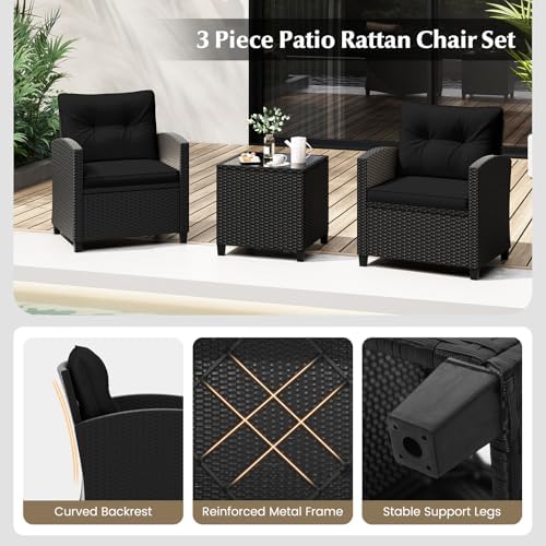 Tangkula 3 Piece Patio Furniture Set, Rattan Conversation Set w/Soft Seat & Back Cushions, Tempered Glass Topped Coffee Table, Cushioned Wicker Seating Set for Backyard, Porch, Poolside (Black) - Image 4