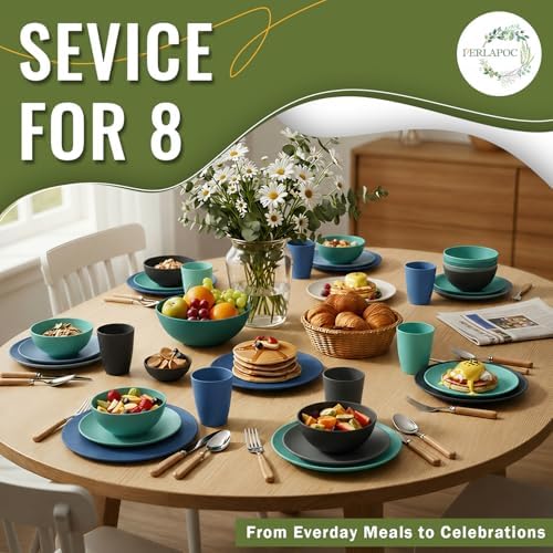 40 PCS Wheat Straw Plates and Bowls Sets,Dishware Set for 8,Unbreakable Kitchen Plates and Bowls Set for Travel Party Dishwasher & Microwave Safe Lightweight Plastic Dishes Set - Calm Tones - Image 7