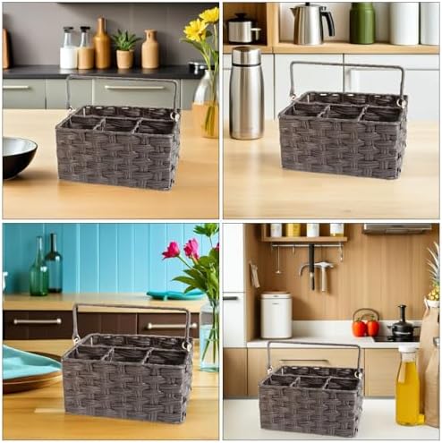 VILLCASE Imitation Rattan Woven Storage Basket with Handle PP Coffee - Image 7