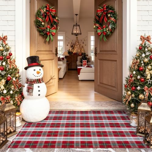OJIA Christmas Door Mats Outdoor Rug 3'x5' Red Green Plaid Rug Porch Decor - Image 7