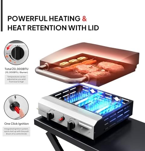 Bonnlo Foldable Flat Top Grill with 2 Burner & Lid, Powerful 20,000 BTU Propane Gas Grills with Ignition, Enamel Griddle, Side Shelf & Portable Cart with Wheels for Outdoor Camping Hibachi Grill Use - Image 2