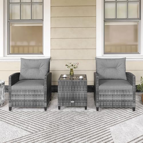 KOTEK 3 Piece Patio Furniture Set, Outdoor PE Rattan Conversation Set with Washable Cushions & Tempered Glass Tabletop, Wicker Chairs and Table Set for Porch, Garden, Balcony (Grey) - Image 7