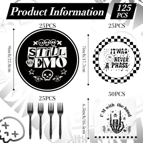 125 Pcs Emo Goth Punk Party Tableware for 25 Guests Scene Goth Rock Birthday Decorations | Punk Skull Thorn Disposable Plates Napkins Forks, Emo Gothic Supplies for Halloween Blink 182 Theme Party - Image 2