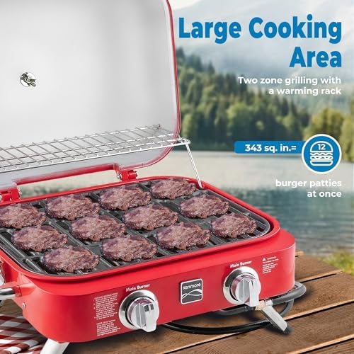 Kenmore Portable Propane Gas Grill - Tabletop BBQ Grill with Warming Rack, 2 Stainless Steel Burners with 14,000 BTUs, for Outdoor Kitchen, Camping, Red - Image 5