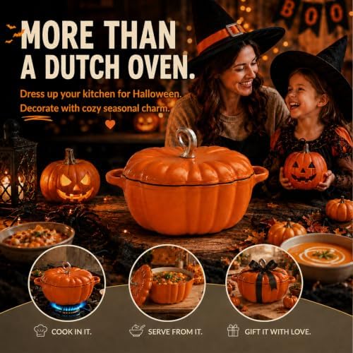 Pumpkin Dutch Oven, 4 qt Enameled Cast Iron Cooking Pot with Lid - Image 2