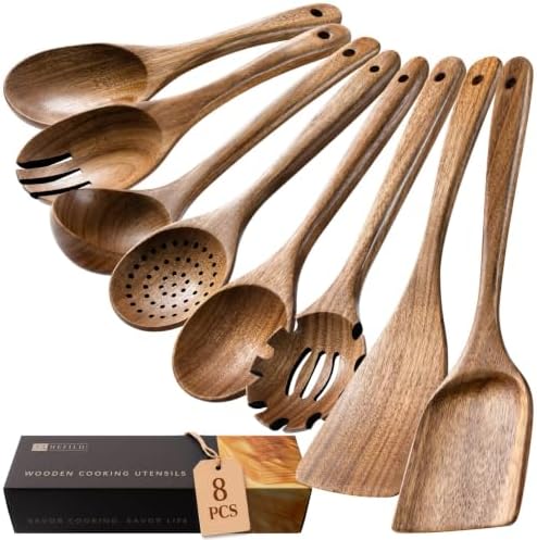 Wooden Spoons for Cooking, 8-Piece Acacia Wood Cooking Utensil Set by HEFILD