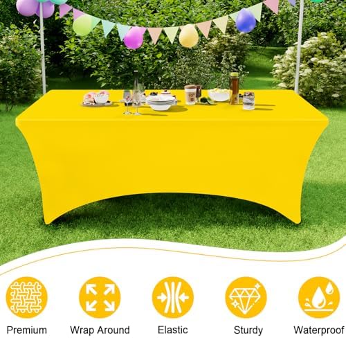 Smiry 2 Pack Spandex Table Cloth 5FT, Elastic Fitted Yellow Tablecloth - Image 4