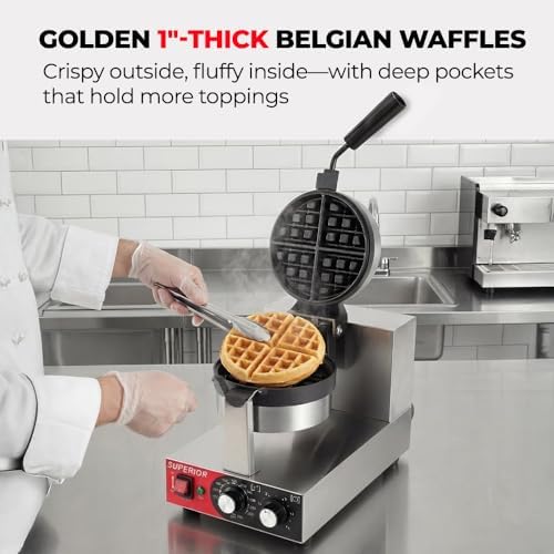 Superior Kitchen Commercial Belgian Waffle Maker, Stainless Steel Waffle Iron with Non-Stick Coating, Rotating Flip Design, Heat-Resistant Handle, Adjustable 122℉/50℃ to 482℉/250℃ Range, 1200W - Image 4
