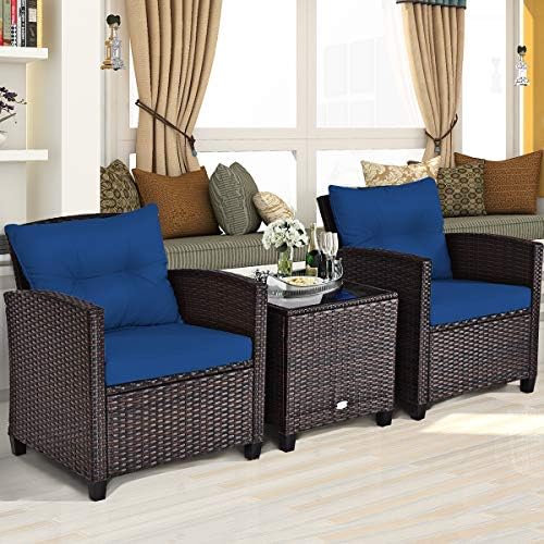 Tangkula 3 Pieces Patio Furniture Set, PE Rattan Wicker 3 Pcs Outdoor Sofa Set w/Washable Cushion and Tempered Glass Tabletop, Conversation Furniture for Garden Poolside Balcony (Blue) - Image 3