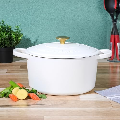 Crock-Pot Artisan 7-Quart Round Dutch Oven – Matte Linen White with Gold Knob, Enameled Cast Iron Cookware - Image 6