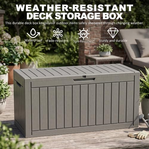 150 Gallon Deck Box, Lockable Waterproof Resin Outdoor Storage Box, Weatherproof Container for Garden Tools, Indoor Cushions & Outside Accessories (Grey) - Image 4