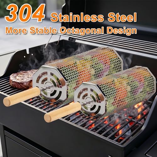 2 Pcs Octagonal Rolling Grill Basket, Polished 304 Stainless Steel - Image 2