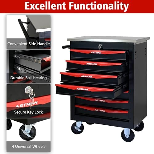 7-Drawer Heavy-Duty Rolling Steel Tool Cart with Handle&Wheels, Metal Storage Organizer Cabinet, Tool Chest for Efficient Tool Storage in Garage, Warehouse, Workshop, Repair Shop, Black&RED - Image 5