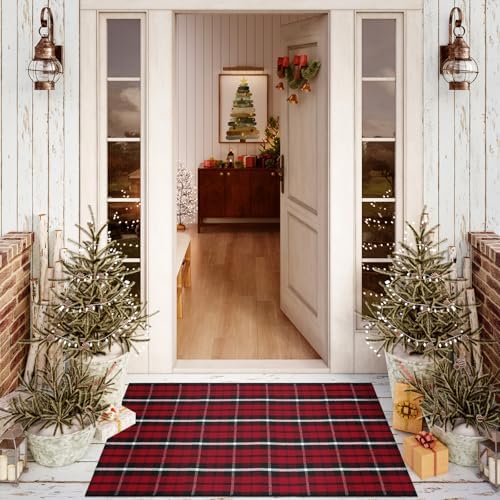 Christmas Front Door Mat 27.5"x43" Red Plaid Outdoor Porch Rug Welcome Mat - Image 5