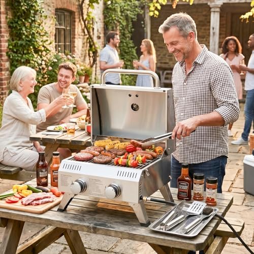 ROVSUN 2 Burner Portable Gas Grill, 20000 BTU Outdoor Tabletop Propane Grill with Ignition, Built-in Thermometer & Full Stainless Steel Body for Patio Garden Backyard Camping BBQ Picnic - Image 7