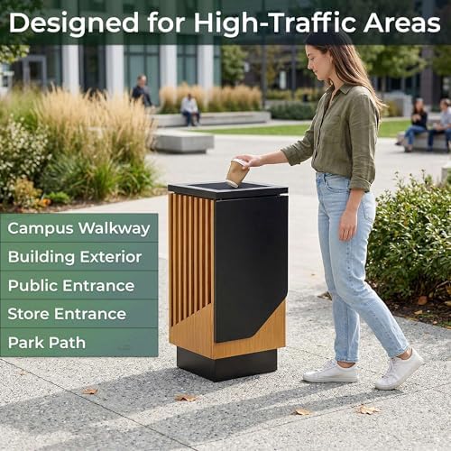 5/Pack 13 Gallon Square Outdoor Trash Can - Decorative Steel and Wood Composite Commercial Waste Receptacle with Hinged Lid and Galvanized Steel Liner for Hotels, Retail Stores, and Entryways - Image 4
