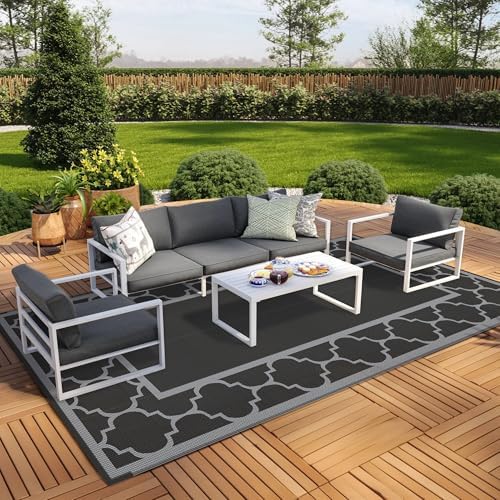GENIMO Outdoor Rug, Waterproof Plastic Rugs 9'x18' for Camping Black Gray by GENIMO