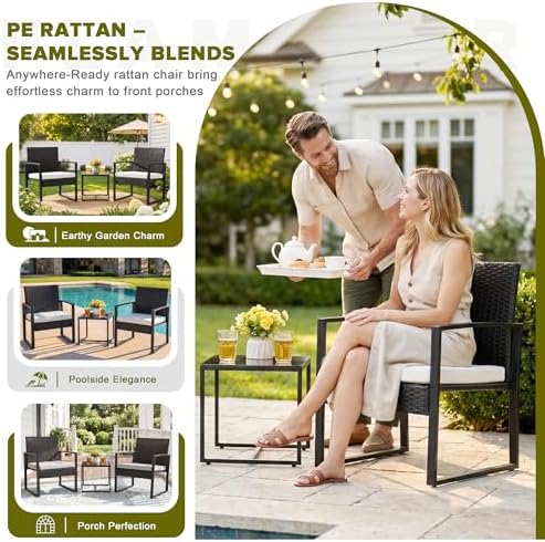 Flamaker 3 Pieces Patio Furniture Set Outdoor Wicker Bistro Chair (White) - Image 3