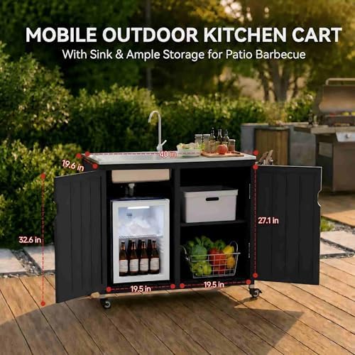 40-Inch Outdoor Grill Cart with Sink, BBQ Prep Station with Storage Cabinet - Image 2