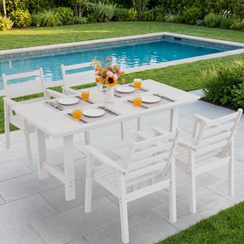 5-Piece Outdoor Dining Set, All-Weather HDPE Patio Furniture, 66.5" Slatted Table with 1.6" Umbrella Hole & 4 Ergonomic Armchairs, Heavy Duty 350lbs Capacity, UV Resistant, White by Unknown