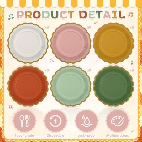48 Pcs Colorful Paper Plates 9 Inch Boho Scalloped Paper Disposable Dinner Dessert Plates for Birthday Wedding Bridal Party Supplies, 6 Colors - Image 4