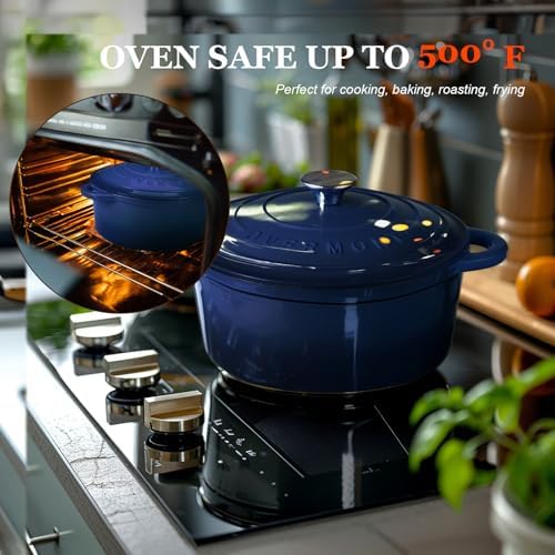 Overmont Enameled Cast Iron Dutch Oven - 7QT Pot with Lid Cookbook & Cotton Potholders - Heavy-Duty Cookware for Braising, Stews, Roasting, Bread Baking IndigoBlue - Image 5