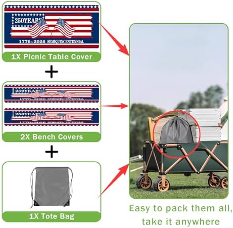 250th Anniversary America Flag Picnic Table Cover with Bench Covers Camping Essentials 250 USA Flag 1776-2026 Waterproof Fitted Camping Tablecloth Cover with Elastic Edge for Outdoor 3 PCS 30x96 Inch - Image 6