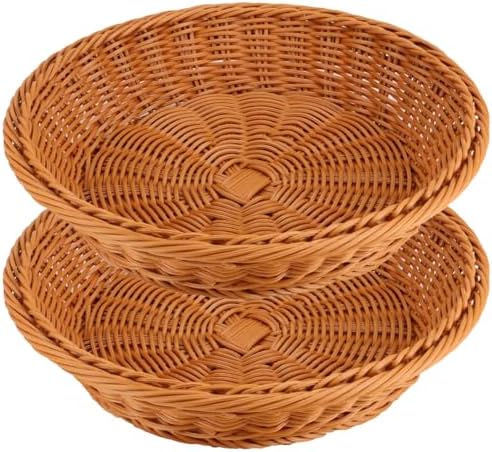RT&BS 2pcs Round Wicker Bread Basket, Round Wicker Fruit Basket, Woven Egg Baskets, Reusable Handwoven Storage Baskets for Living Room, Kitchen, Store, Restaurant, Outdoor, Party (Brown, S) by RT%26BS