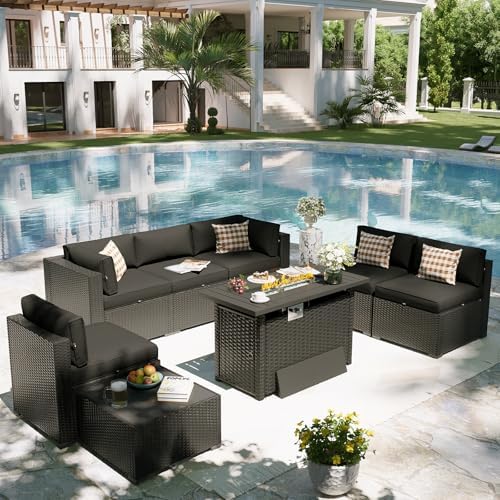 Aoxun Patio Furniture Set with Fire Pit Table, 8 Piece Outdoor Sectional Set, Wicker Rattan Outdoor Furniture with Thickened Cushion for Backyard, Garden Black - Image 6