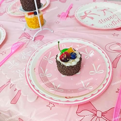 50 Pcs Pink Bow Birthday Decorations Plates, Napkins and Tableware - Image 5