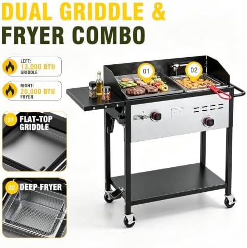 BESTFIRE Propane Griddle with Deep Fryer Combo 33000 BTU 2 Burner Gas Grill - Image 3