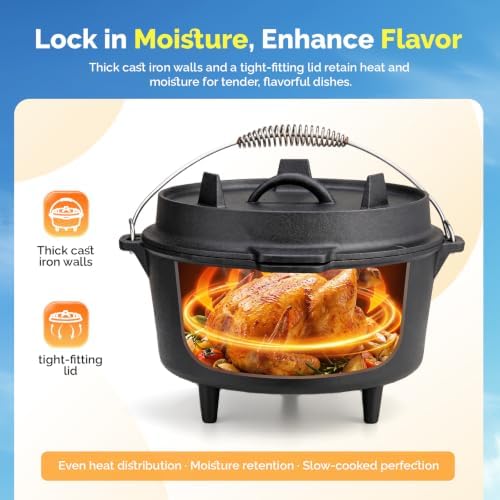 ROVSUN 3.7 QT Cast Iron Dutch Oven with Lid, Pre-Seasoned Camping Pot for Campfire Grill & Oven, 2-in-1 Skillet Lid + Lid Lifter Hook, Outdoor Cast Iron Camping Cookware for 2-4 People - Image 3