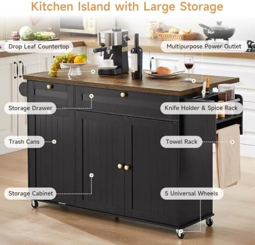 ONBRILL 60" Kitchen Island with Trash Can Storage, Rolling Island Table - Image 3
