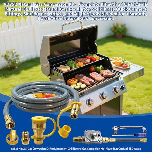 97352 98523 Natural Gas Conversion Kit for Monument Grills 41847NG, 77352NG & Denali 605, Propane to Natural Gas Conversion Kit w/CSA 10Ft 1/2" ID Natural Gas Hose, Regulator, Quick Connect Fittings. - Image 3