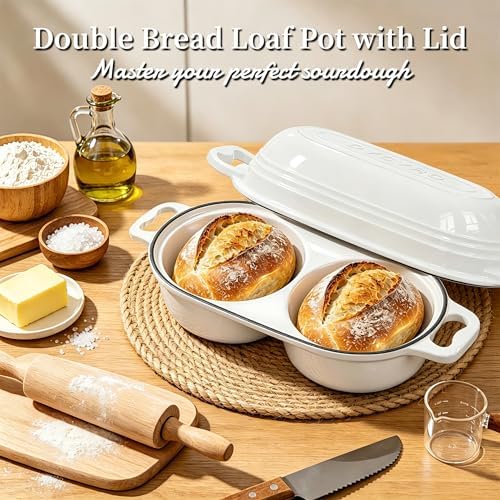 Enameled Cast Iron Double Round Bread Loaf Pot with Lid –Cream White - Image 3