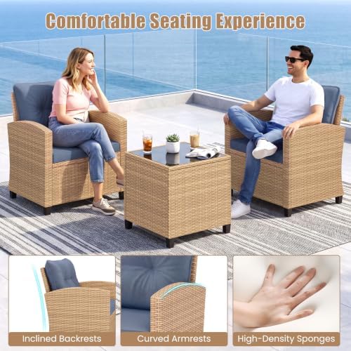 Tangkula 3 Pieces Patio Furniture Set, PE Rattan Wicker 3 Pcs Outdoor Sofa Set w/Washable Cushion and Tempered Glass Tabletop, Conversation Furniture for Garden Poolside Balcony - Image 7