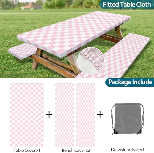 Picnic Table Cover with Bench Covers and Bag, Pink and White Checkered Gingham Buffalo Plaid Camping Tablecloth Cover Waterproof Windproof Elastic Edges Fitted Tablecloths for Outdoor 3PCS 30x96 Inch - Image 7