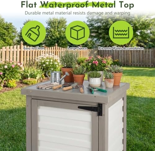 Small Outdoor Storage Cabinet with Waterproof Metal Top, White Wood & Plastic Potting Bench Table with Removable Shelf, Outside Cabinets Work Station for Patio, Balcony,17.9''x17.9''x33.5'' - Image 2