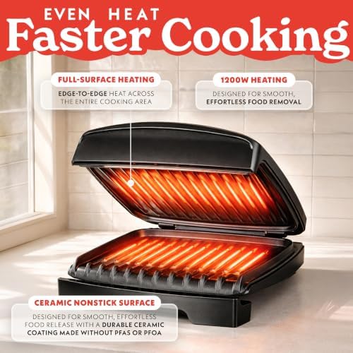 Gourmia Indoor Grill & Panini Maker – 4 Serving Contact or Open Grill, Nonstick Ceramic, Preheat Indicator Light, Slope Design with Removable Dishwasher Safe Drip Tray - Image 5