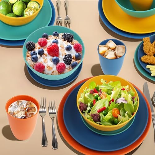 Wrova 40Pack plates and bowls sets for kids - Unbreakable wheat straw dinnerware sets service for 8 - Alternative plastic 40pcs dish sets for kitchen, camping and indoors dinning - (Colorful) - Image 5
